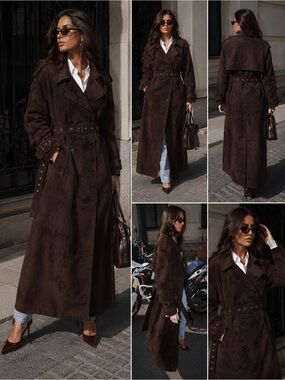Chocolate Suede-Look Belted Trench Coat